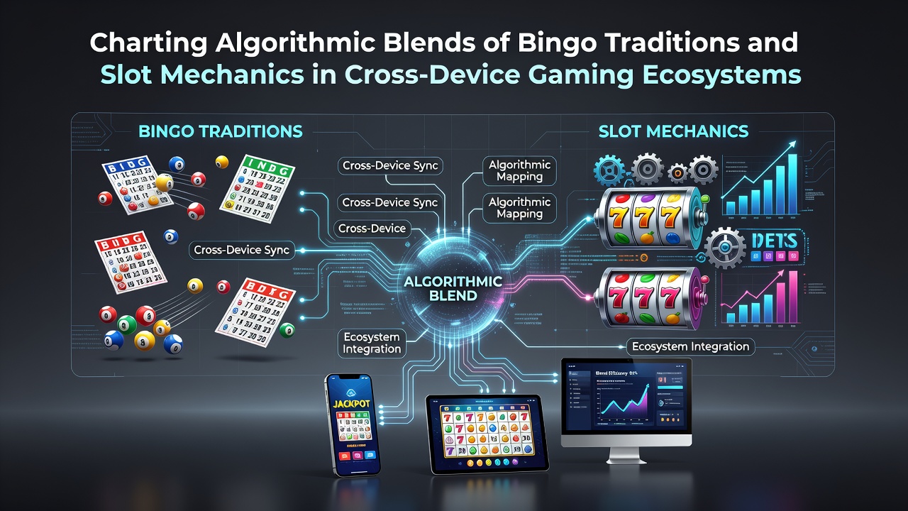 Algorithmic fusion of bingo cards and slot reels displayed across mobile tablet and desktop screens in a gaming ecosystem