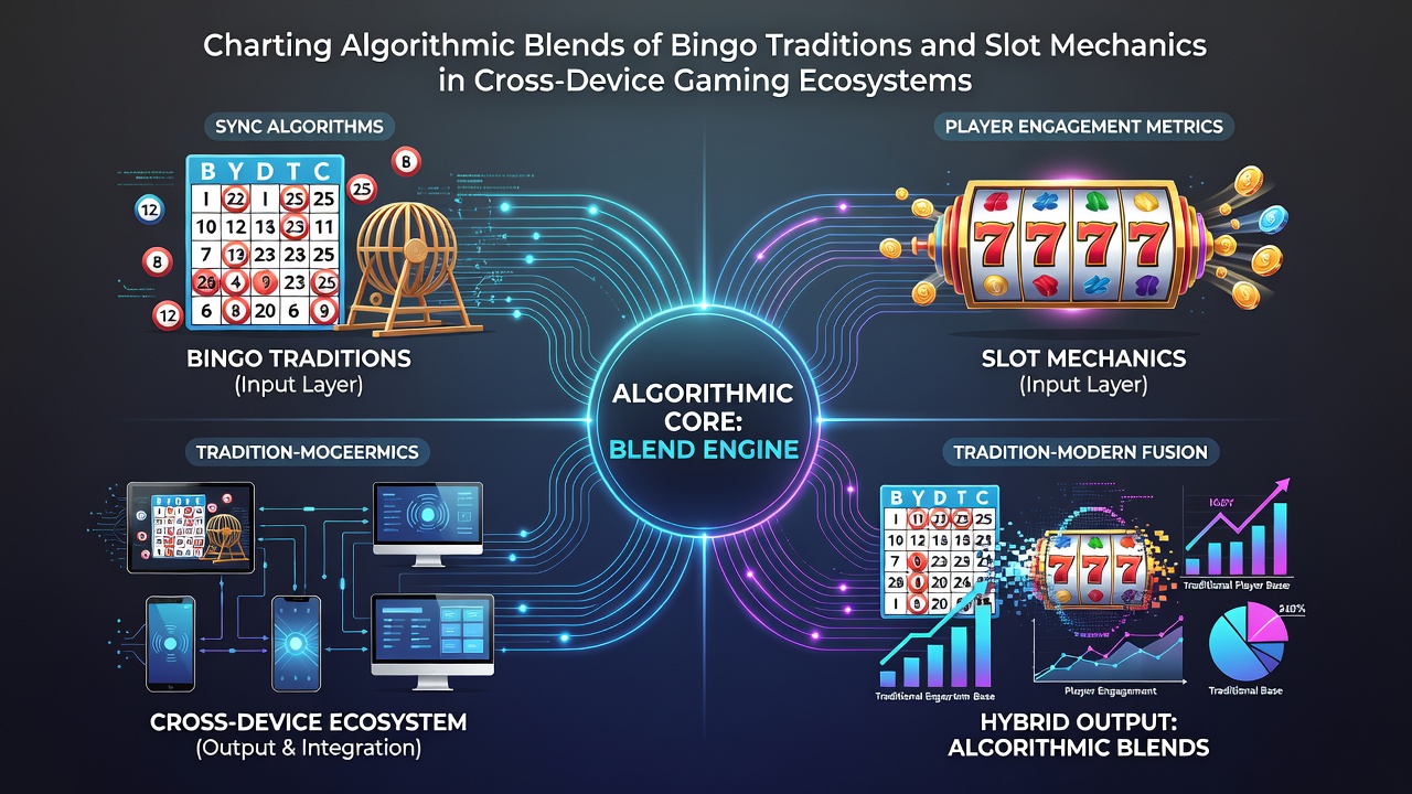 Cross-device gameplay showing synchronized bingo patterns and slot outcomes on smartphone and laptop interfaces