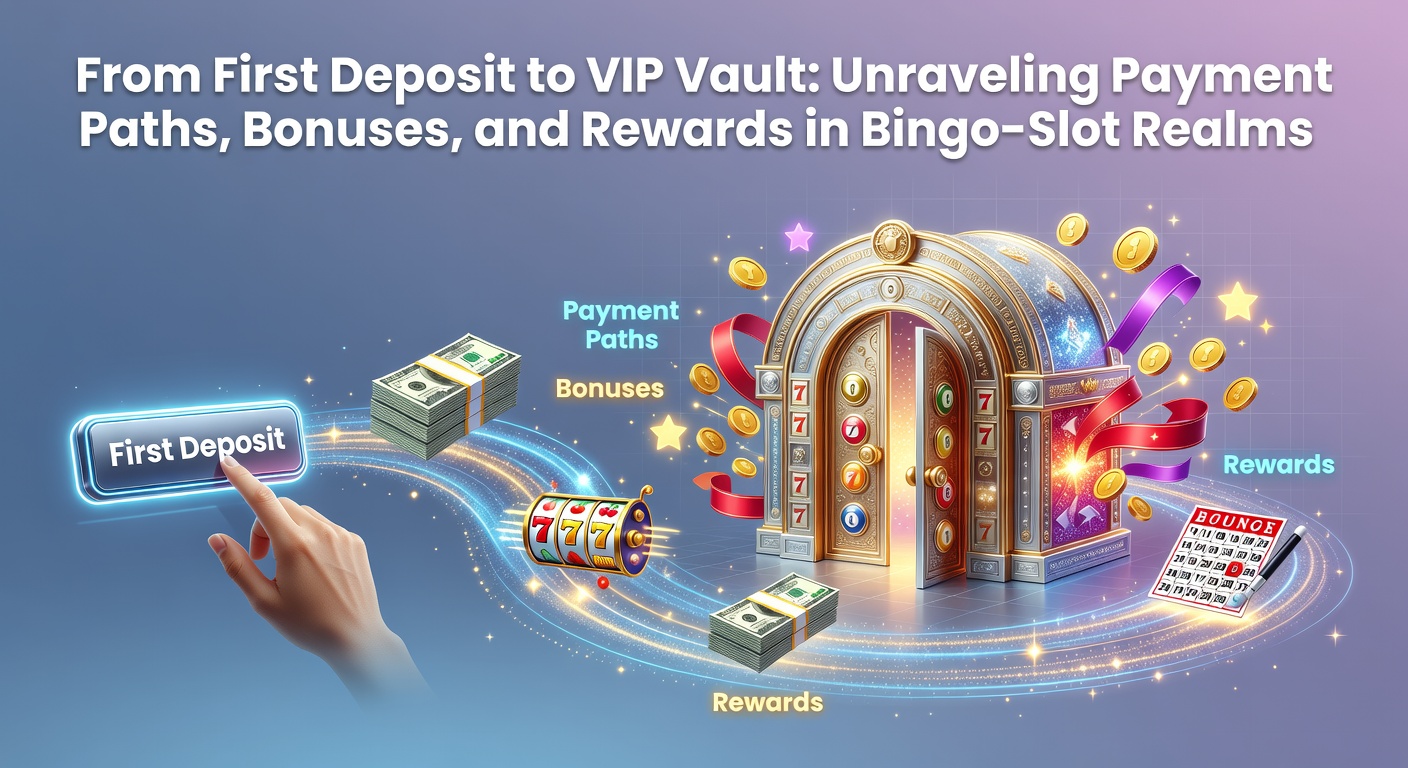 Vibrant graphic depicting a player's progression from initial deposit screen to a glowing VIP treasure vault filled with bonuses and rewards in a bingo-slot gaming environment