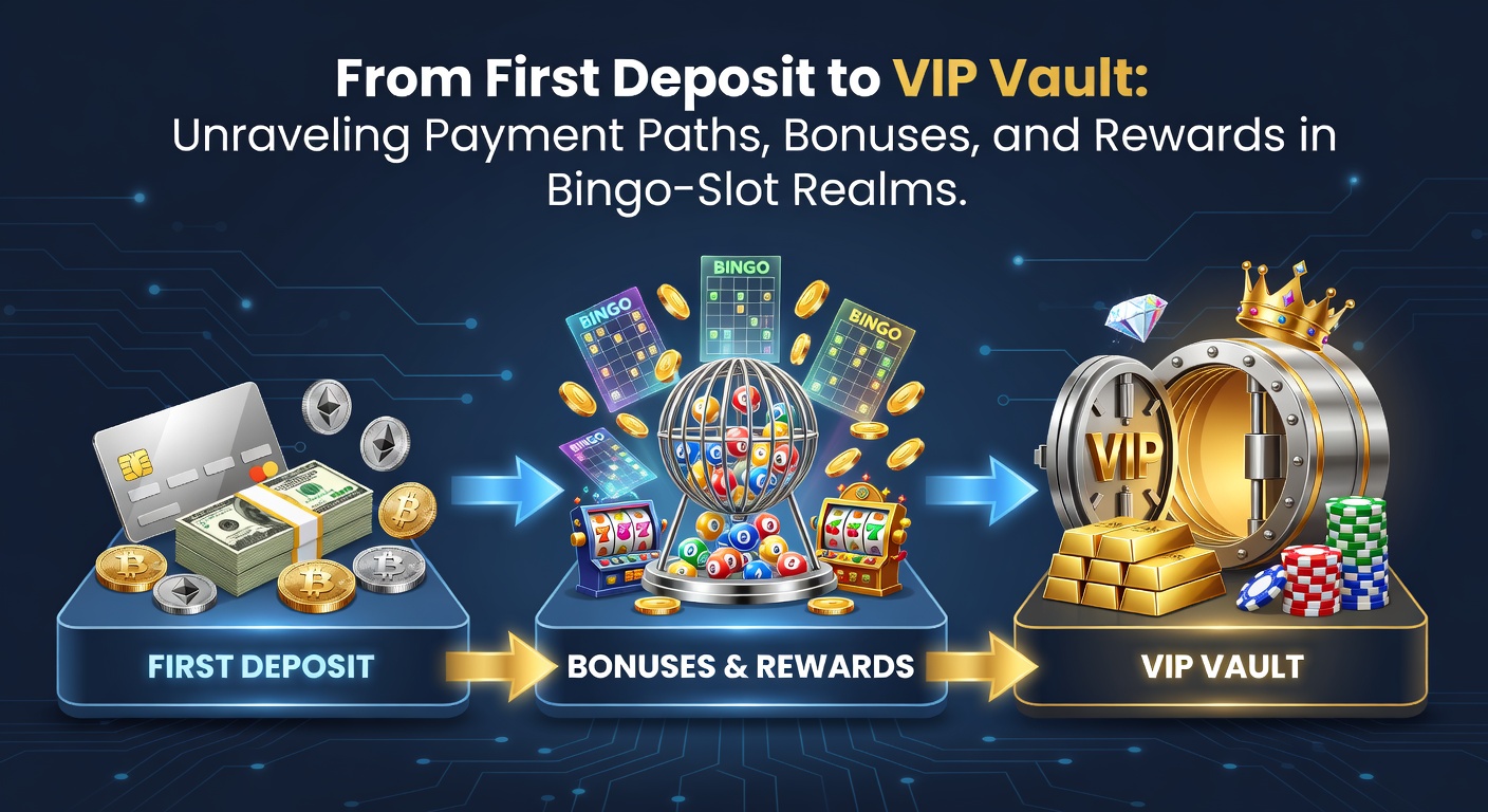 Dynamic infographic mapping payment methods, bonus tiers, and reward ladders climbing from newbie status to elite VIP vault access in bingo-slot platforms