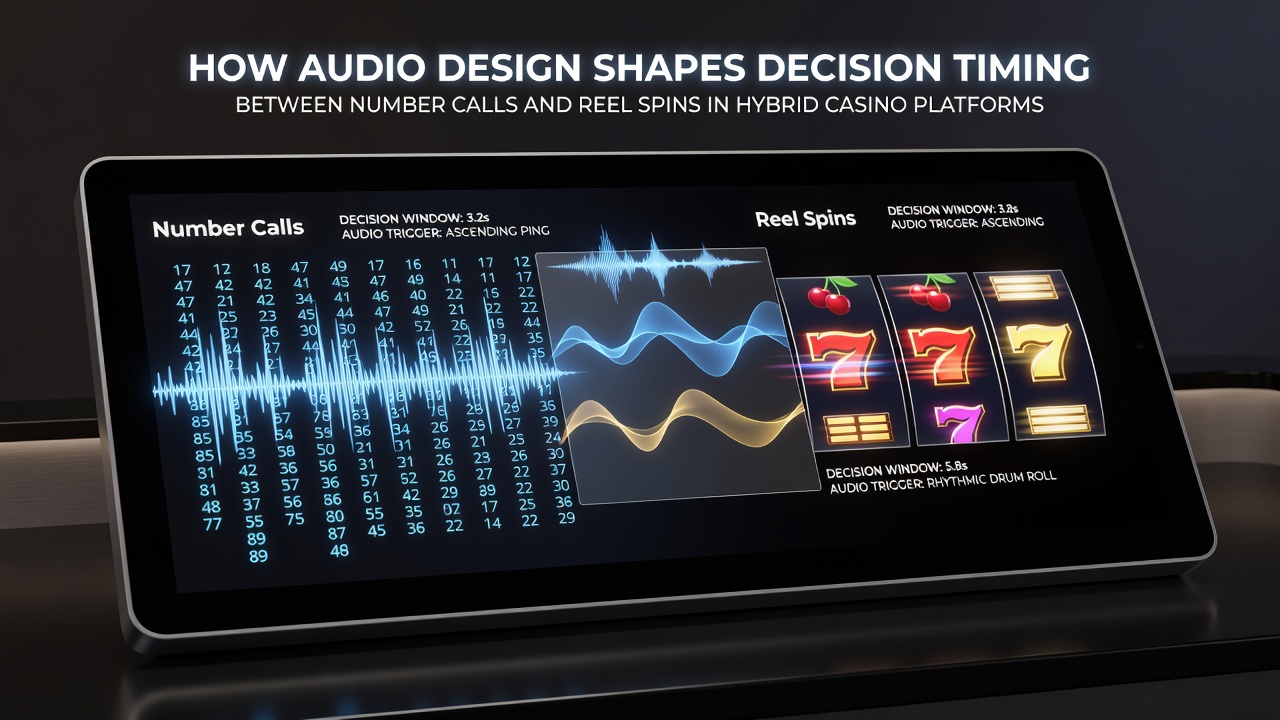Close-up view of hybrid platform interface with synchronized audio meters between bingo calls and reel animations