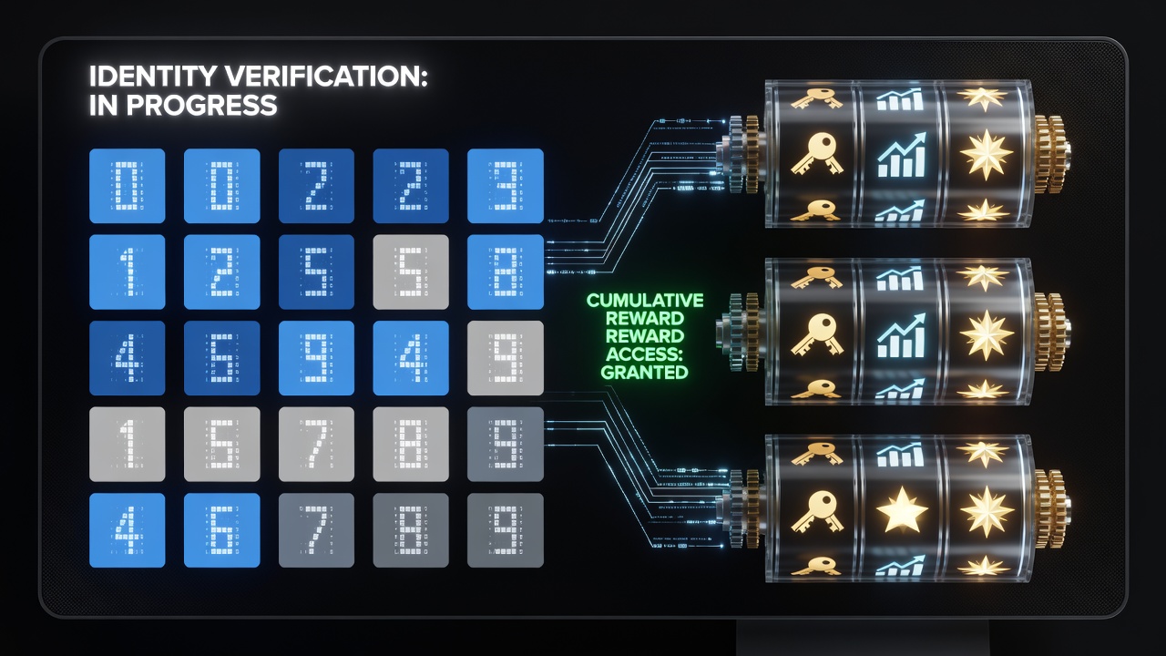 Diagram showing reward tier progression blocked until identity verification completes on bingo and slot hybrid platforms