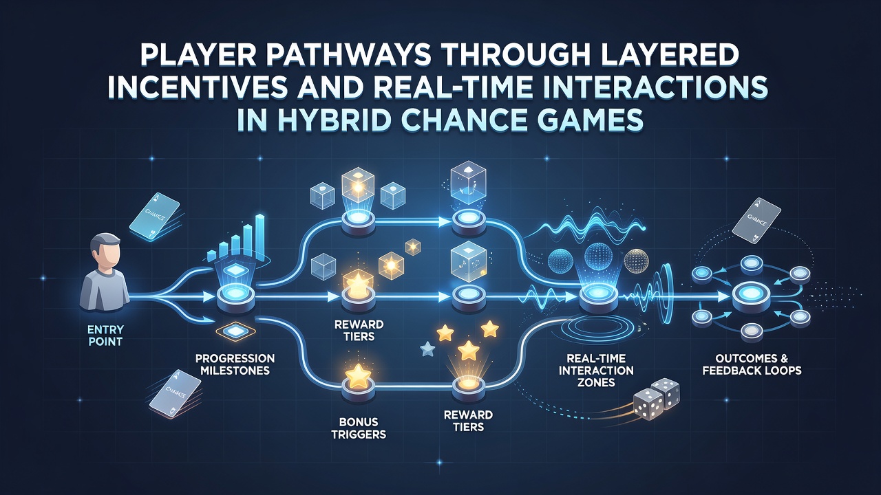 Illustration of player progression paths in hybrid bingo and slot games with layered reward icons and live interaction elements