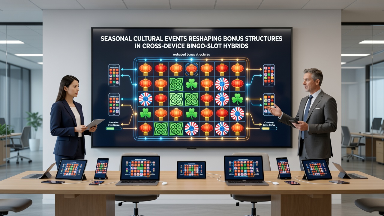 Mobile and desktop views of a bingo-slot hybrid showing layered seasonal bonuses with cultural symbols
